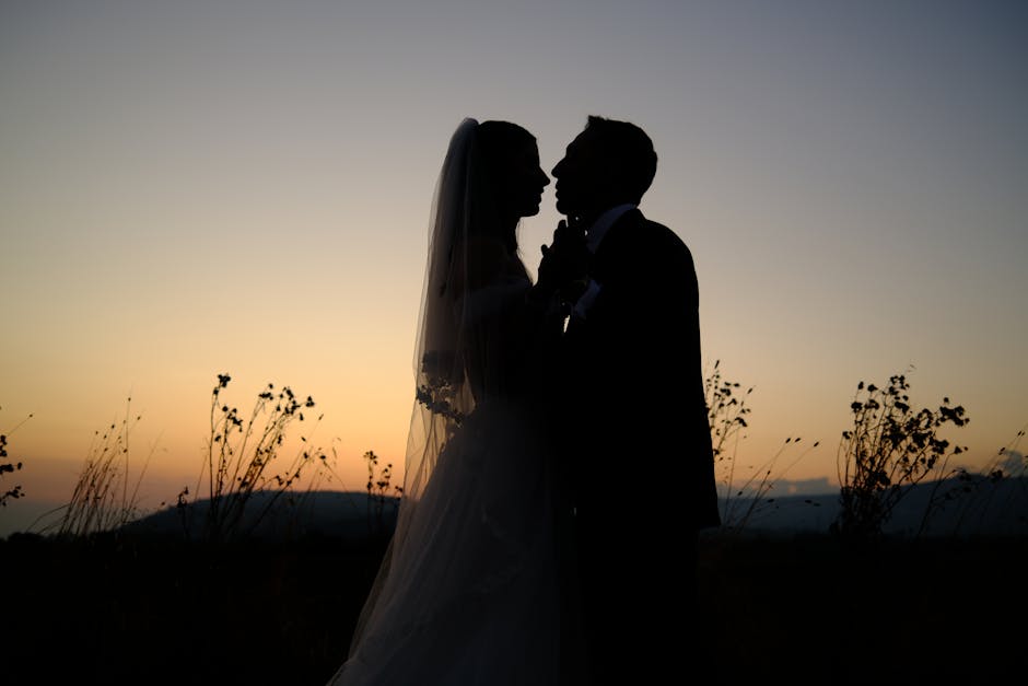 Wedding couple portrait at sunset